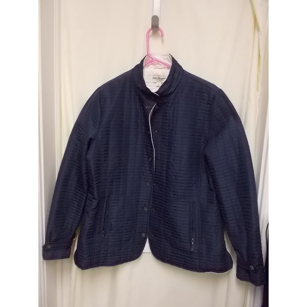Norm Thompson Womens Navy Blue Quilted Snap Front Mock Neck Jacket Large